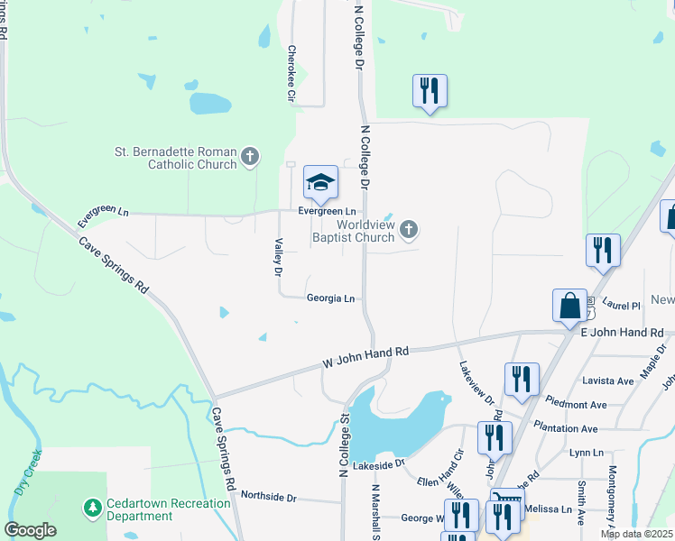 map of restaurants, bars, coffee shops, grocery stores, and more near 112 Hope Lane in Cedartown