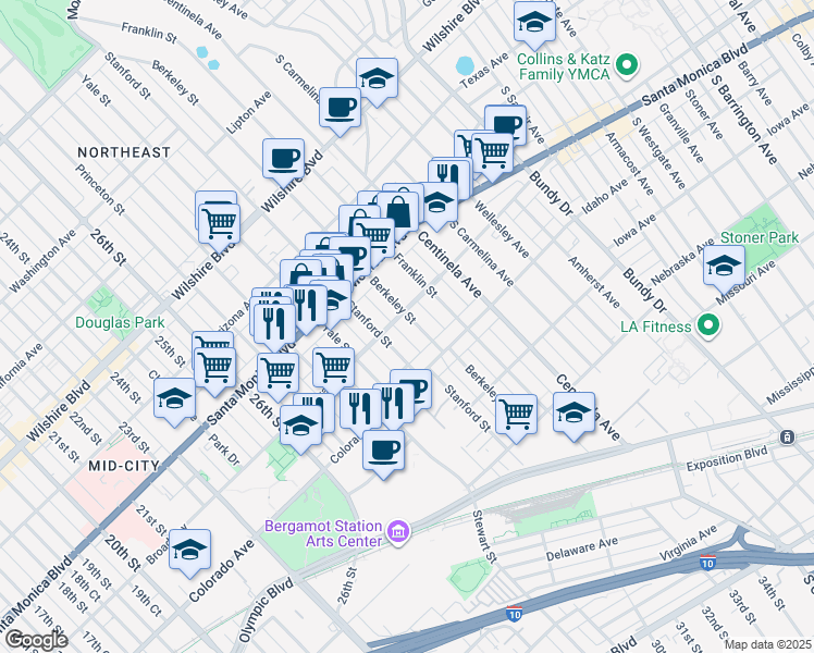 map of restaurants, bars, coffee shops, grocery stores, and more near 1512 Berkeley Street in Santa Monica