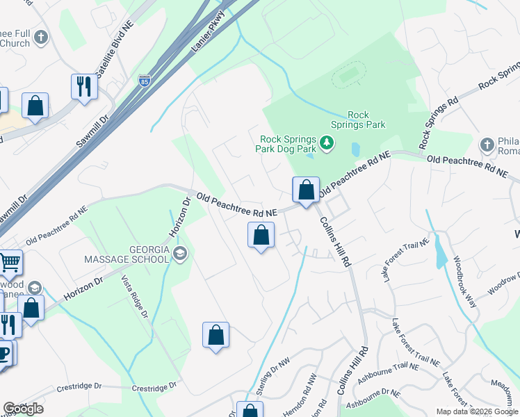 map of restaurants, bars, coffee shops, grocery stores, and more near 247 Ridge Oak Circle in Suwanee