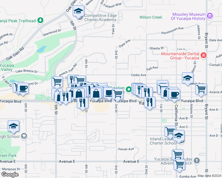map of restaurants, bars, coffee shops, grocery stores, and more near 12036 3rd Street in Yucaipa