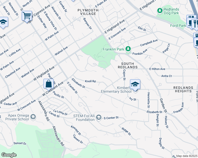 map of restaurants, bars, coffee shops, grocery stores, and more near 1365 Knoll Road in Redlands