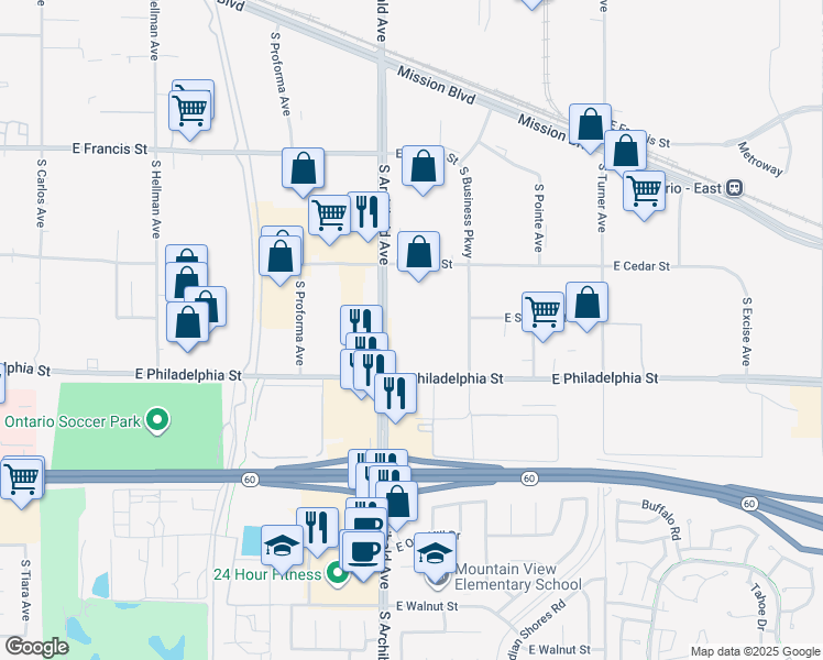 map of restaurants, bars, coffee shops, grocery stores, and more near 2095 South Archibald Avenue in Ontario