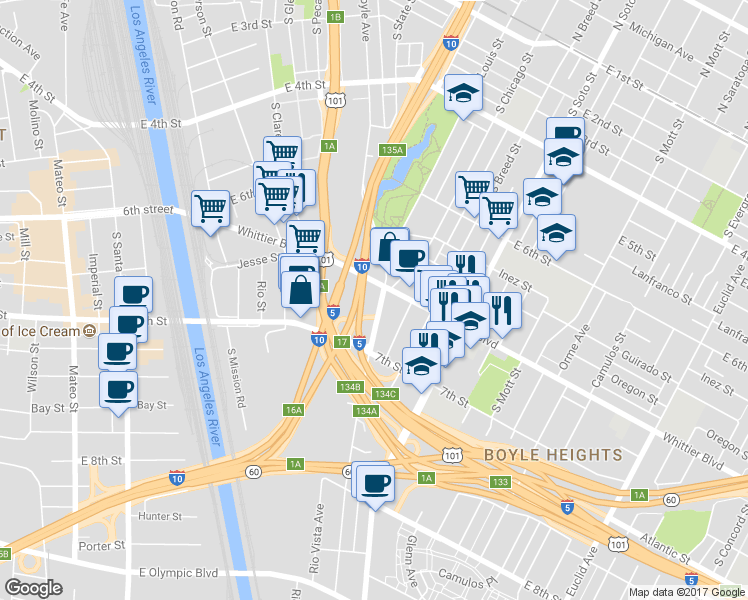 map of restaurants, bars, coffee shops, grocery stores, and more near 935 South Boyle Avenue in Los Angeles