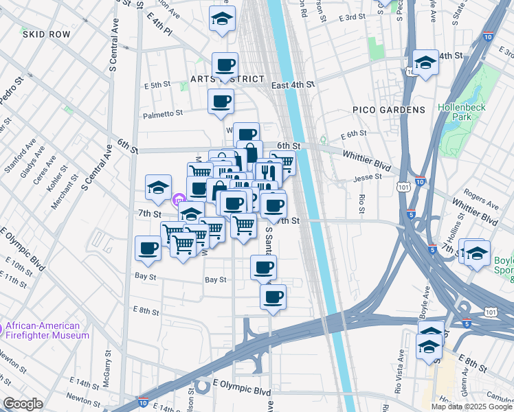 map of restaurants, bars, coffee shops, grocery stores, and more near 2027 East 7th Street in Los Angeles