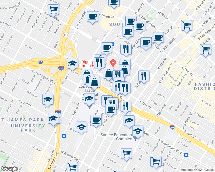 map of restaurants, bars, coffee shops, grocery stores, and more near 319 West 17th Street in Los Angeles