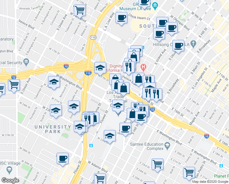 map of restaurants, bars, coffee shops, grocery stores, and more near 1815 Flower Street in Los Angeles