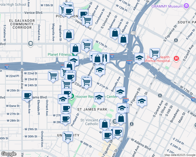 map of restaurants, bars, coffee shops, grocery stores, and more near 907 West 21st Street in Los Angeles