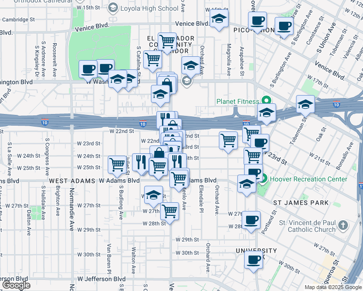 map of restaurants, bars, coffee shops, grocery stores, and more near 1430 West 23rd Street in Los Angeles