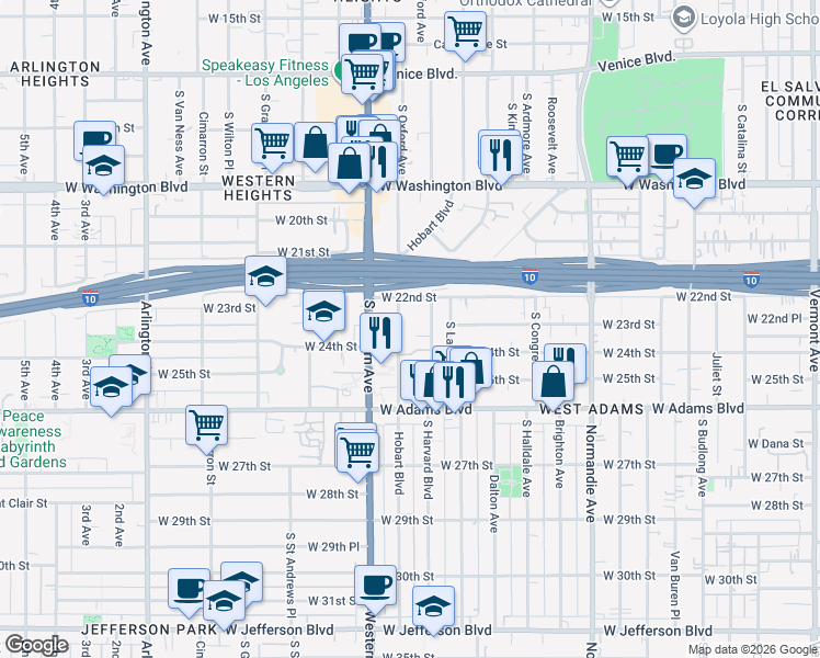 map of restaurants, bars, coffee shops, grocery stores, and more near 2249 South Hobart Boulevard in Los Angeles