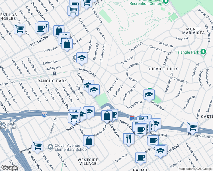 map of restaurants, bars, coffee shops, grocery stores, and more near 10550 Clarkson Road in Los Angeles