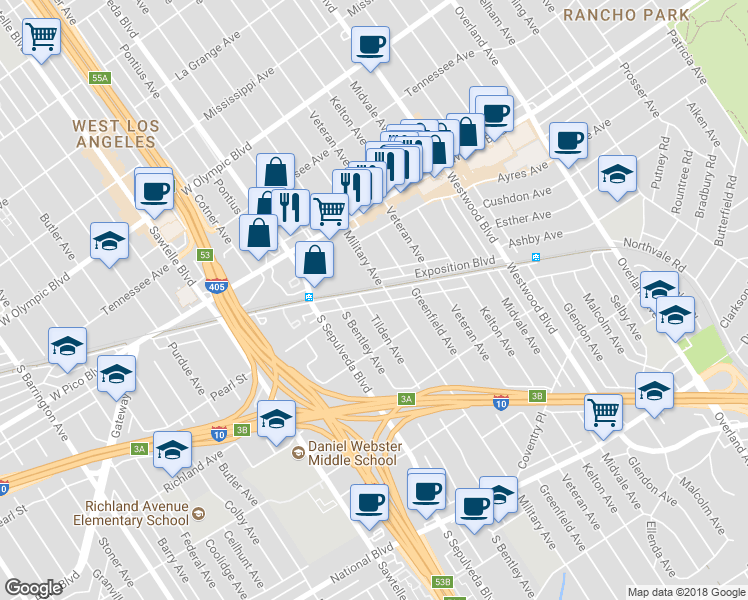 map of restaurants, bars, coffee shops, grocery stores, and more near 2567 Military Avenue in Los Angeles