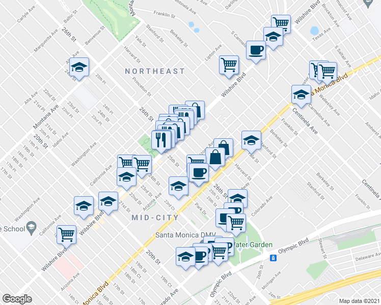 map of restaurants, bars, coffee shops, grocery stores, and more near 1255 26th Street in Santa Monica