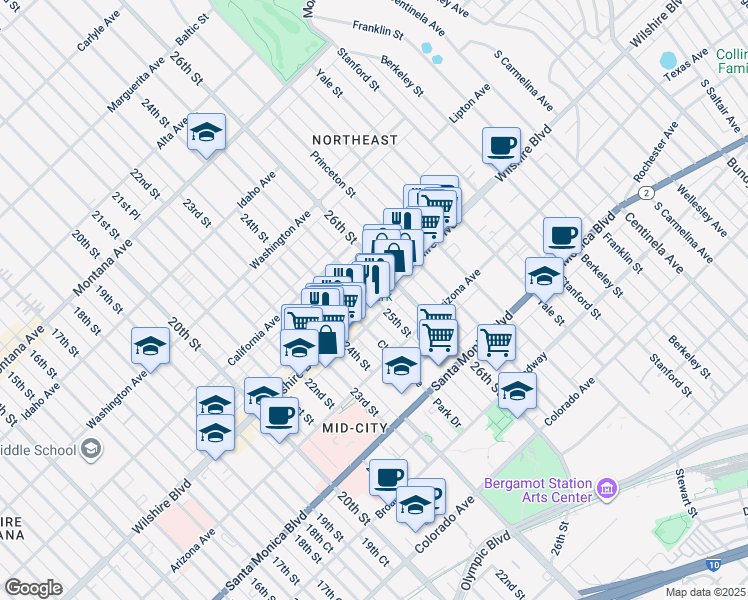 map of restaurants, bars, coffee shops, grocery stores, and more near 2439 Wilshire Boulevard in Santa Monica