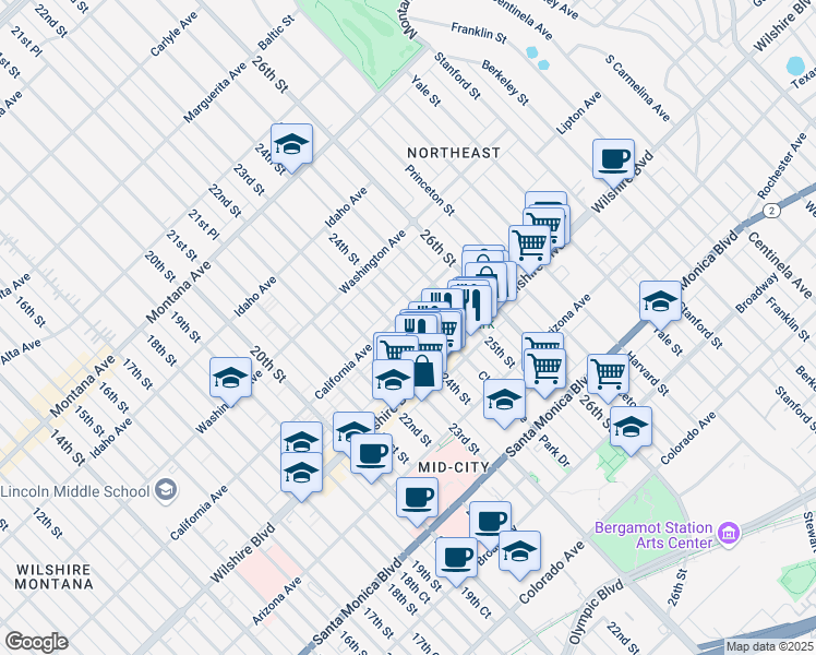 map of restaurants, bars, coffee shops, grocery stores, and more near 1133 24th Street in Santa Monica