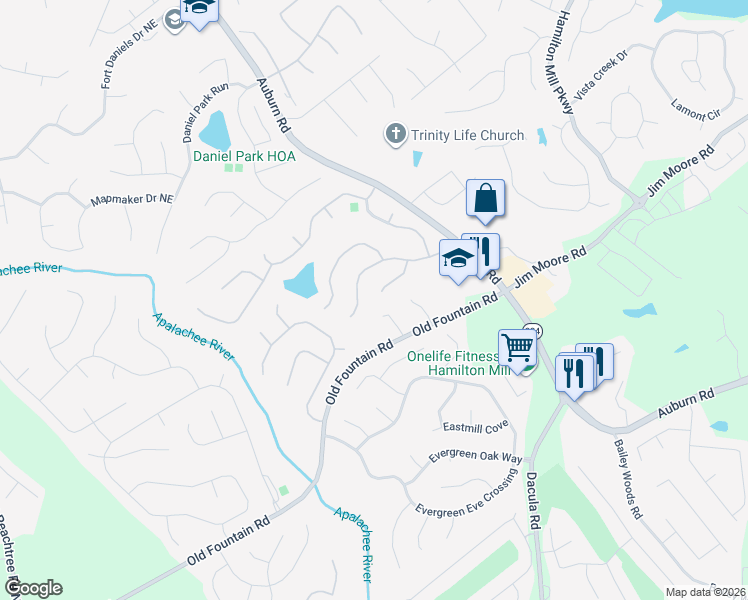 map of restaurants, bars, coffee shops, grocery stores, and more near 2902 Belfaire Crest Court in Dacula