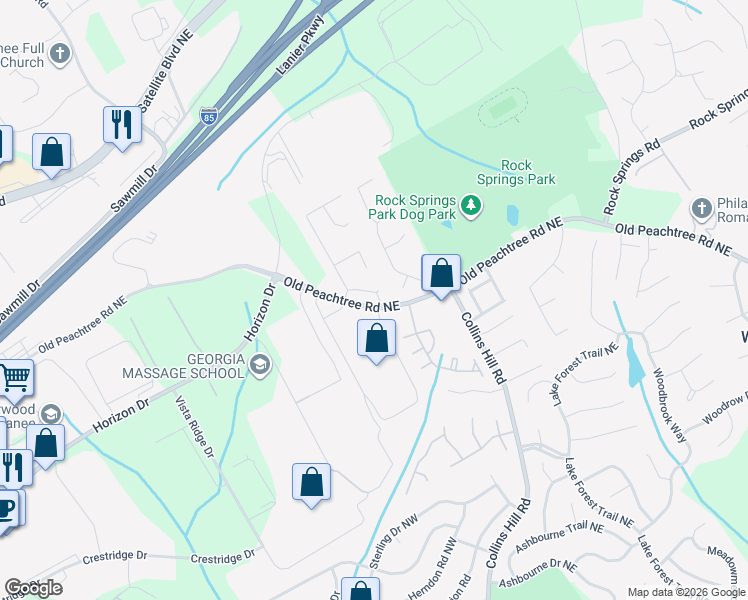 map of restaurants, bars, coffee shops, grocery stores, and more near 247 Ridge Oak Circle in Suwanee
