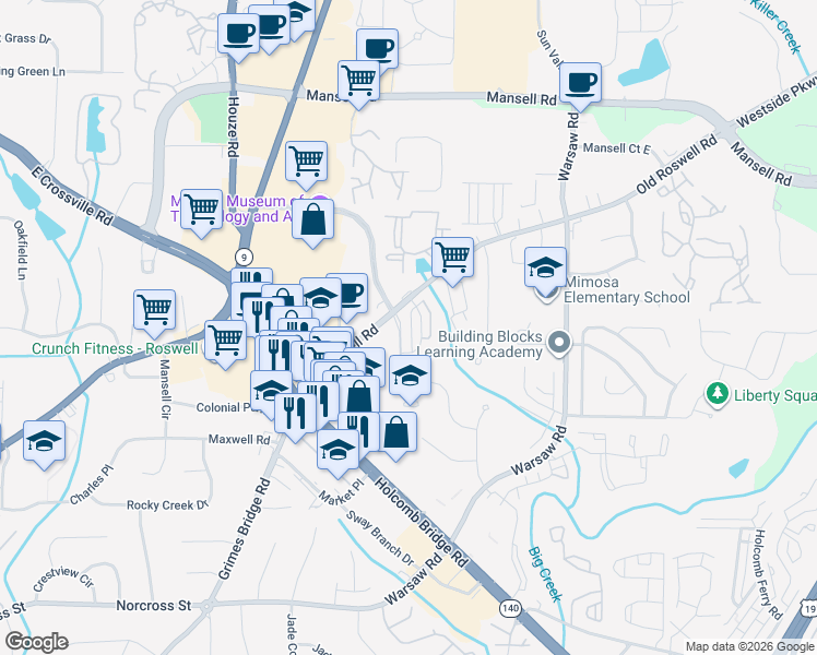 map of restaurants, bars, coffee shops, grocery stores, and more near 795 Old Roswell Road in Roswell