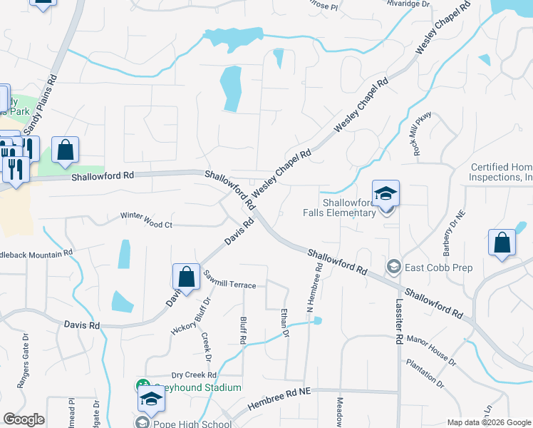 map of restaurants, bars, coffee shops, grocery stores, and more near 3615 Shallowford Road in Marietta