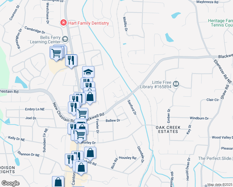 map of restaurants, bars, coffee shops, grocery stores, and more near 958 Leeds Castle Way in Marietta