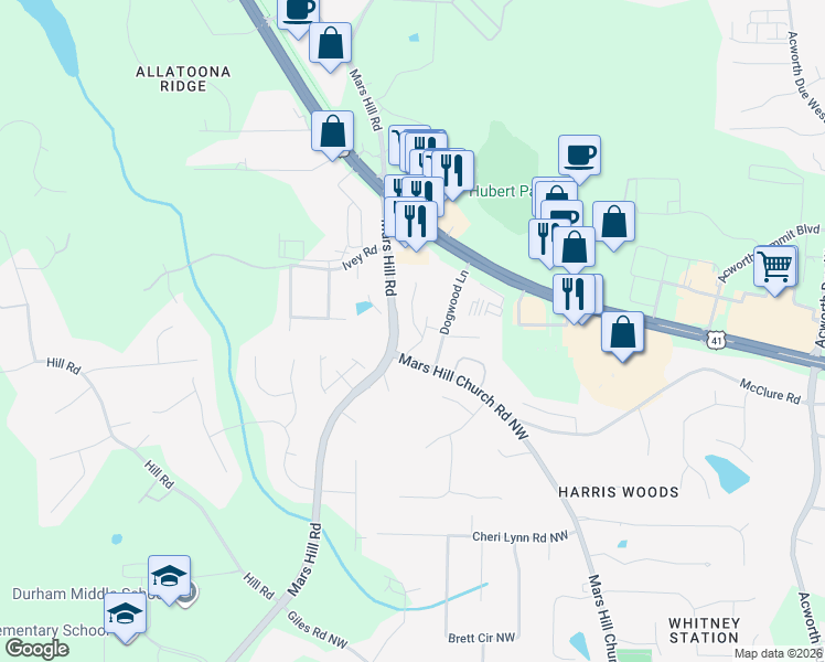 map of restaurants, bars, coffee shops, grocery stores, and more near 4927 Ansbury Place in Acworth