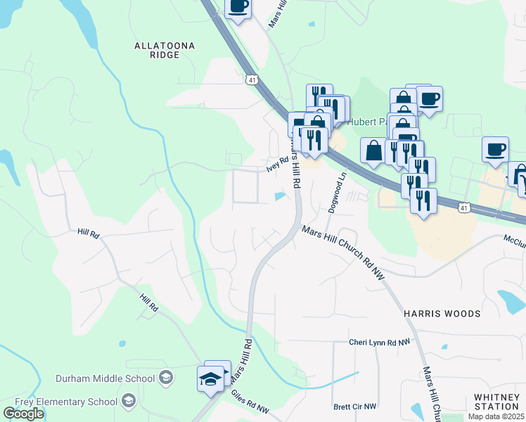 map of restaurants, bars, coffee shops, grocery stores, and more near 5095 Derry Road in Acworth