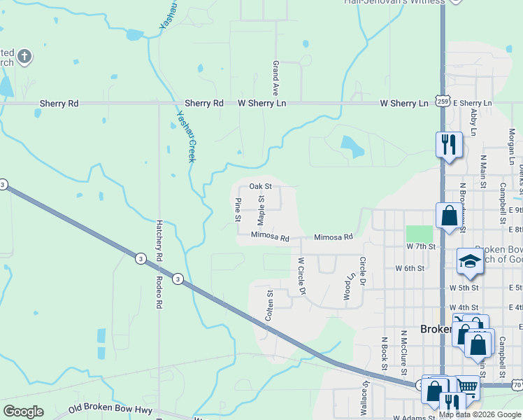 map of restaurants, bars, coffee shops, grocery stores, and more near Maple Street in Broken Bow