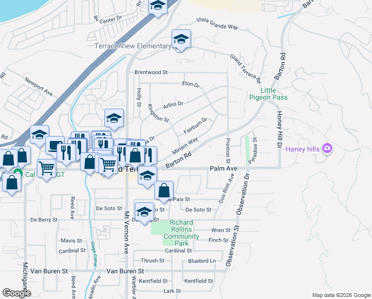 map of restaurants, bars, coffee shops, grocery stores, and more near 22743 Miriam Way in Grand Terrace