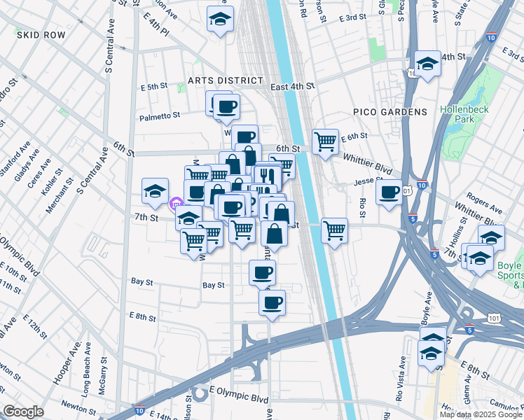 map of restaurants, bars, coffee shops, grocery stores, and more near 695 South Santa Fe Avenue in Los Angeles
