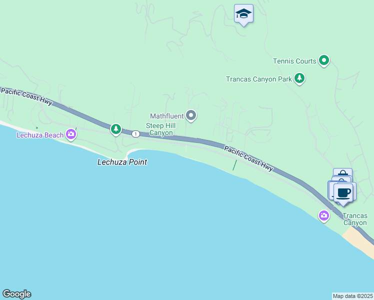 map of restaurants, bars, coffee shops, grocery stores, and more near 31340 Broad Beach Road in Malibu