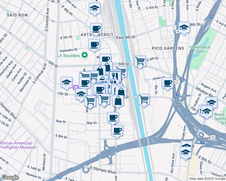 map of restaurants, bars, coffee shops, grocery stores, and more near 695 South Santa Fe Avenue in Los Angeles