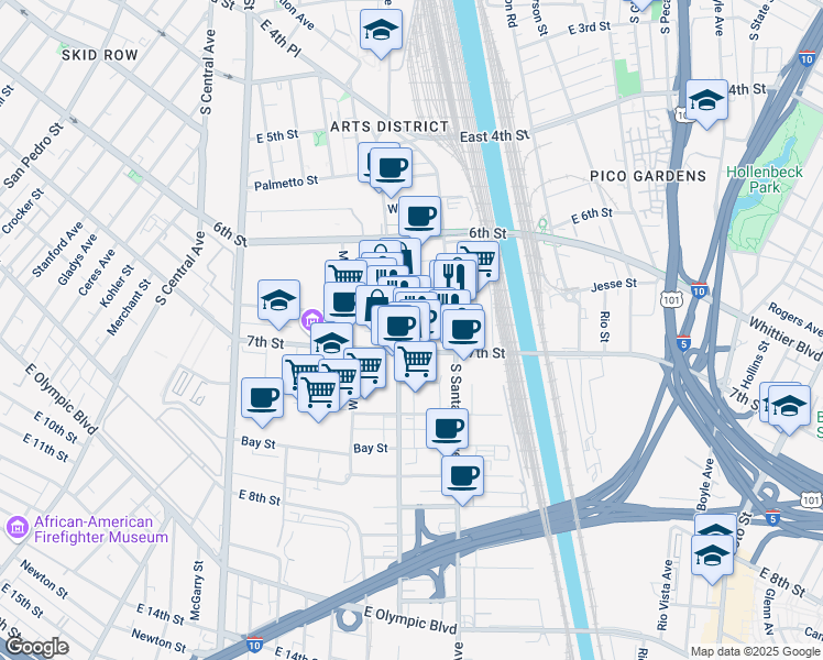map of restaurants, bars, coffee shops, grocery stores, and more near 2027 East 7th Street in Los Angeles