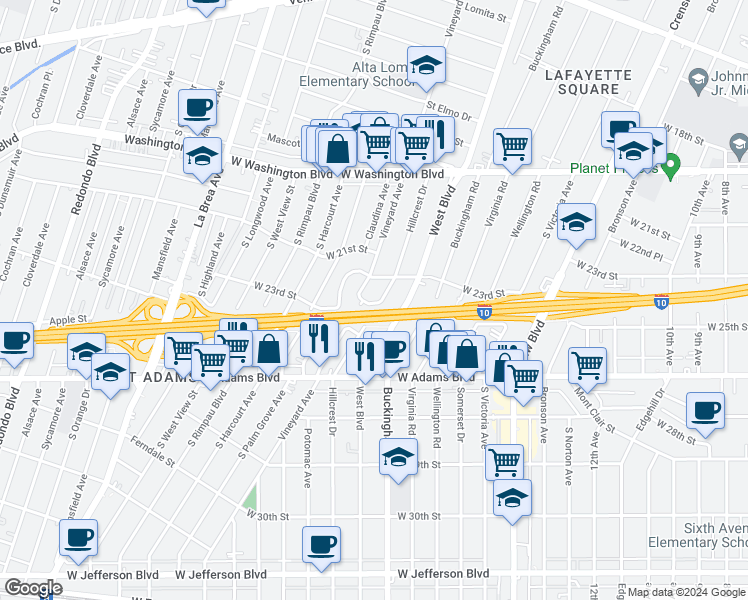map of restaurants, bars, coffee shops, grocery stores, and more near 2335 Hillcrest Drive in Los Angeles