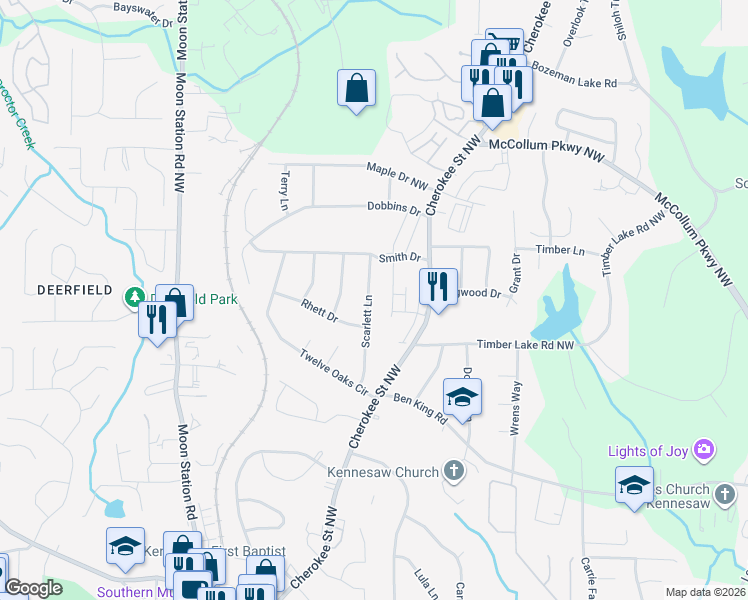 map of restaurants, bars, coffee shops, grocery stores, and more near 4006 Scarlett Lane in Kennesaw