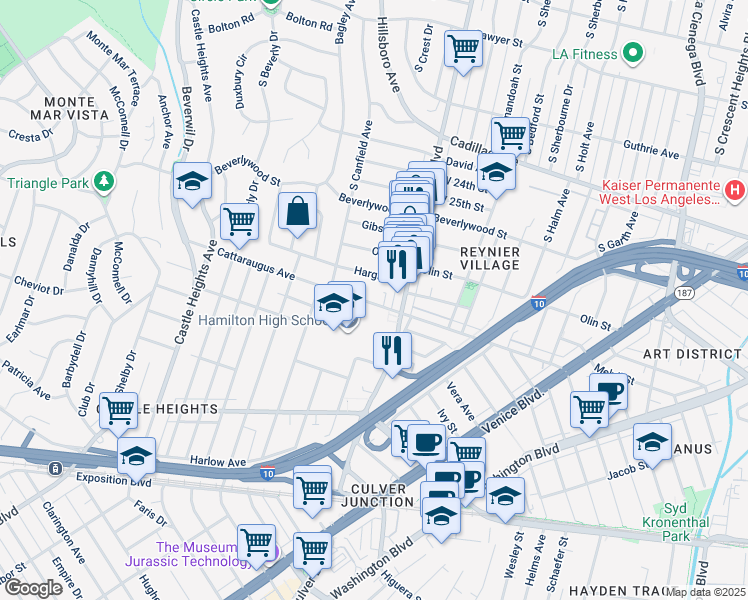 map of restaurants, bars, coffee shops, grocery stores, and more near 9053 Cattaraugus Avenue in Los Angeles