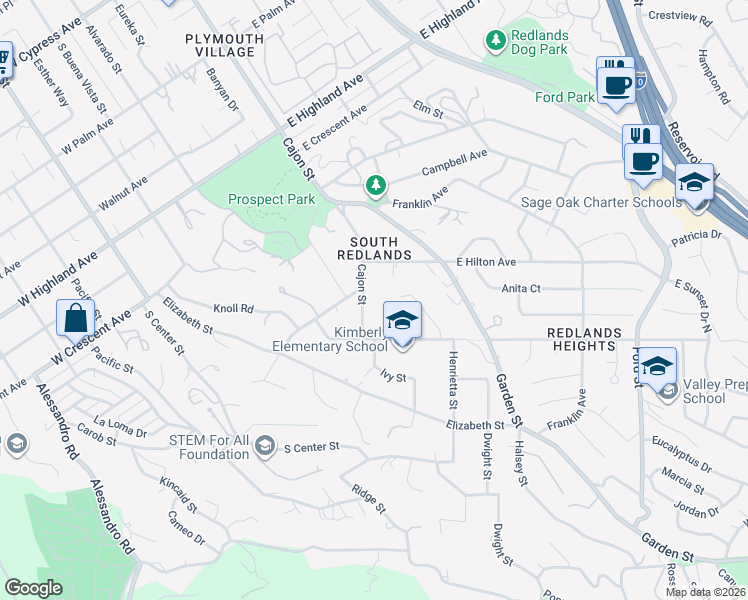 map of restaurants, bars, coffee shops, grocery stores, and more near 1421 Cajon Street in Redlands
