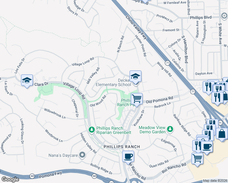 map of restaurants, bars, coffee shops, grocery stores, and more near 34 Old Wood Road in Pomona
