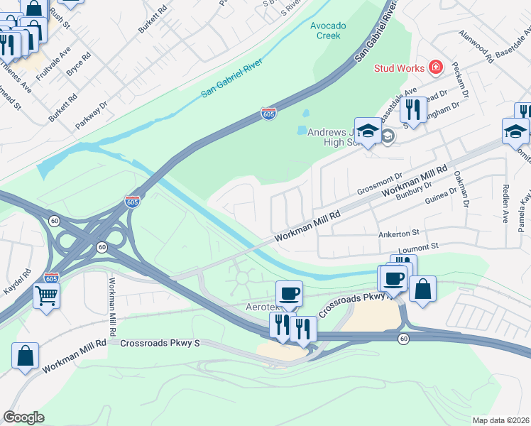 map of restaurants, bars, coffee shops, grocery stores, and more near 1527 Channelwood Drive in Whittier