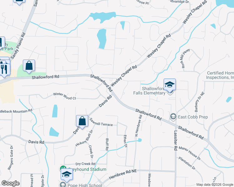map of restaurants, bars, coffee shops, grocery stores, and more near 3615 Shallowford Rd in Marietta