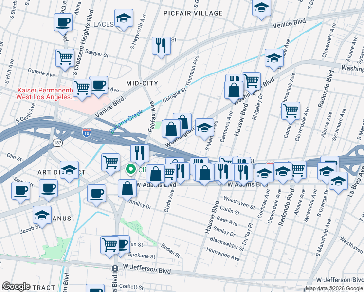 map of restaurants, bars, coffee shops, grocery stores, and more near 2405 Clyde Avenue in Los Angeles