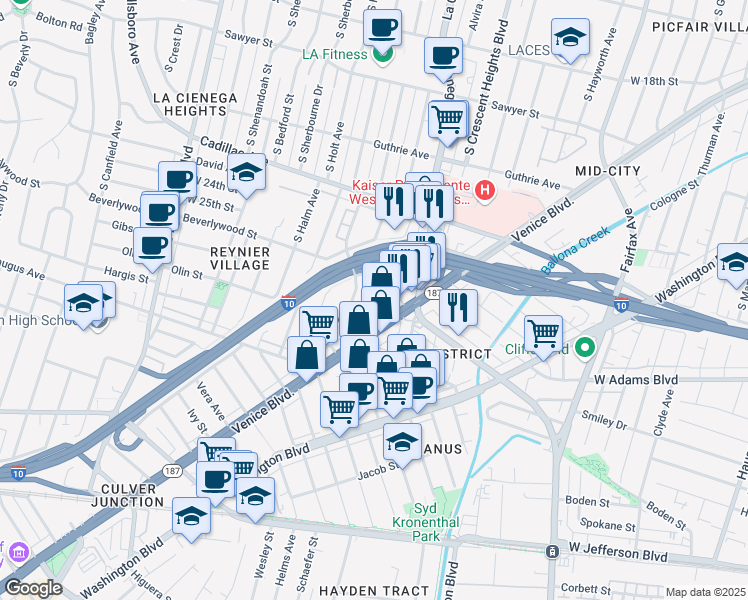 map of restaurants, bars, coffee shops, grocery stores, and more near 2625 Chariton Street in Los Angeles