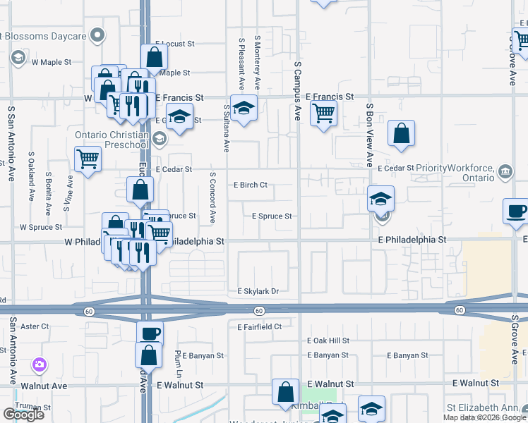 map of restaurants, bars, coffee shops, grocery stores, and more near 2126 South Wisteria Court in Ontario