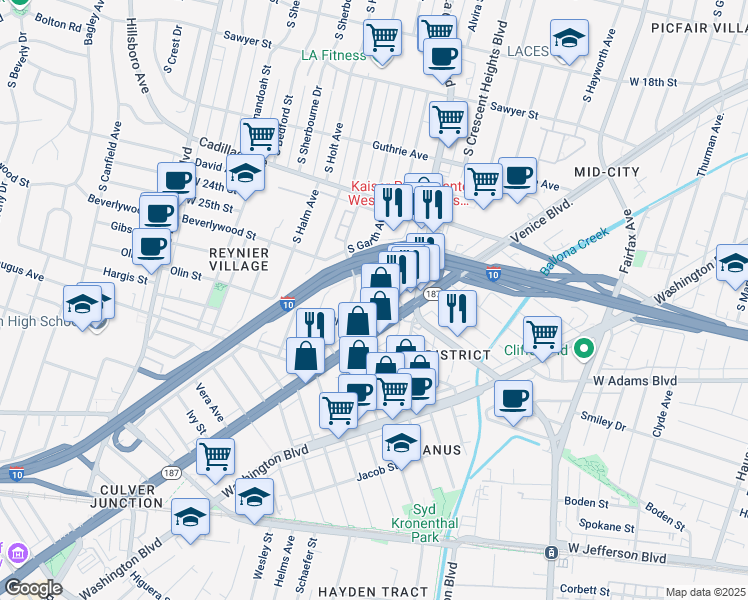 map of restaurants, bars, coffee shops, grocery stores, and more near 2625 Chariton Street in Los Angeles
