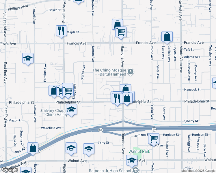 map of restaurants, bars, coffee shops, grocery stores, and more near 4400 Philadelphia Street in Chino