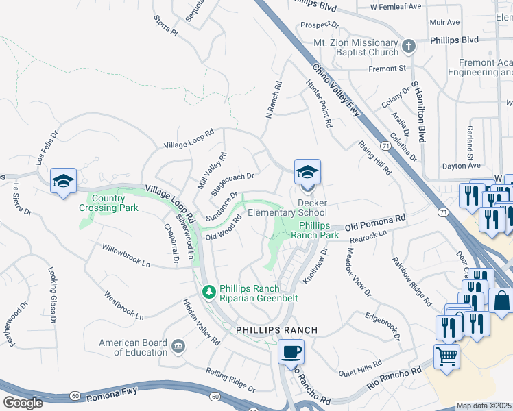 map of restaurants, bars, coffee shops, grocery stores, and more near 2 Old Wood Road in Pomona
