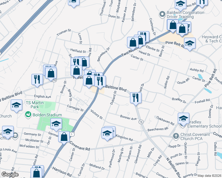 map of restaurants, bars, coffee shops, grocery stores, and more near 3513 North Beltline Boulevard in Columbia
