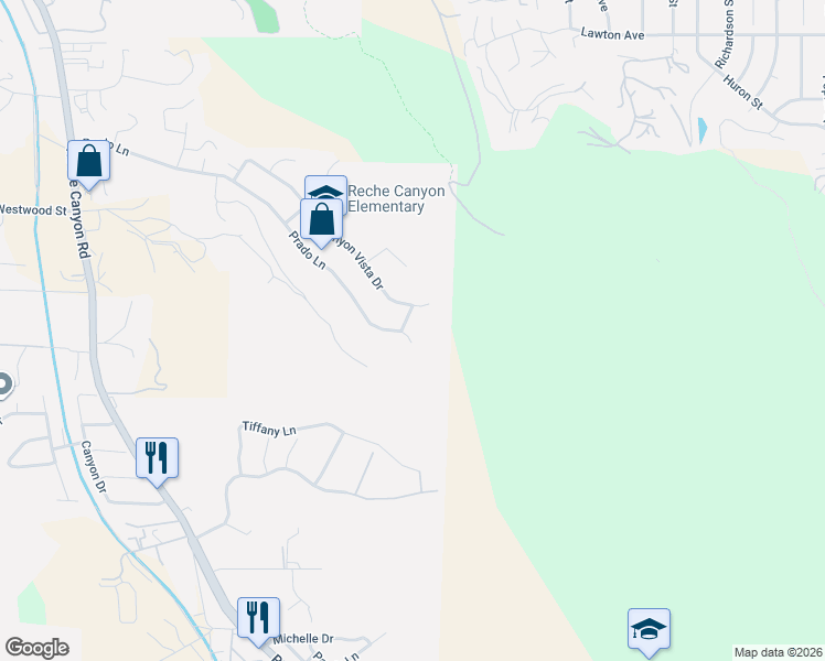 map of restaurants, bars, coffee shops, grocery stores, and more near 3075 Prado Lane in Colton