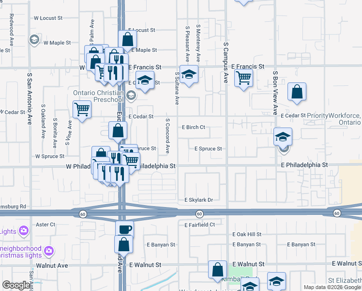 map of restaurants, bars, coffee shops, grocery stores, and more near 2126 South Pleasant Place in Ontario