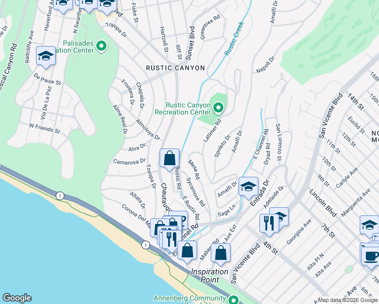 map of restaurants, bars, coffee shops, grocery stores, and more near 546 East Rustic Road in Santa Monica