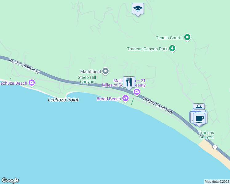 map of restaurants, bars, coffee shops, grocery stores, and more near 31280 Broad Beach Road in Malibu