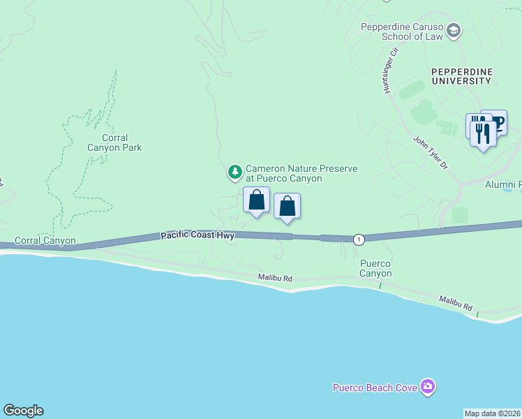 map of restaurants, bars, coffee shops, grocery stores, and more near 3881 Puerco Canyon Road in Malibu